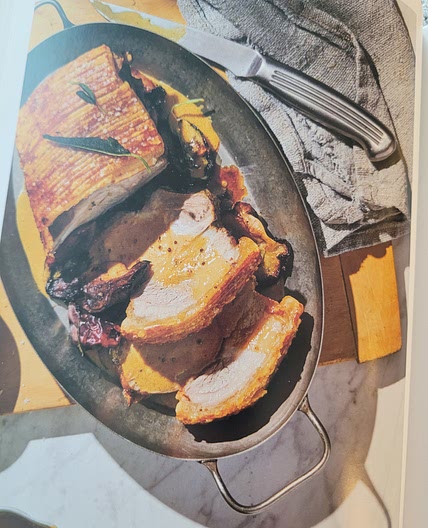 Whole roasted pork rack with caramelised apples and mustard