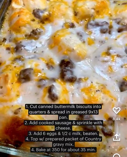 Sausage, Biscuit, Egg, Cheese & Gravy Casserole