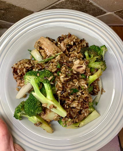 Wild Rice with Chicken, Broccoli, Bok Choy, and Garlic-Chile Crunch