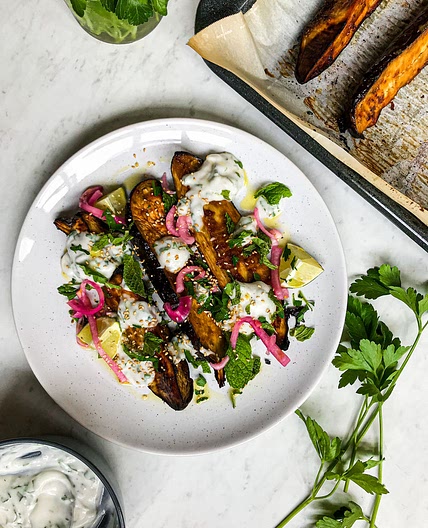 Miso Roasted Aubergine with Herby Yogurt, Ginger Pickled Red Onion & Sesame