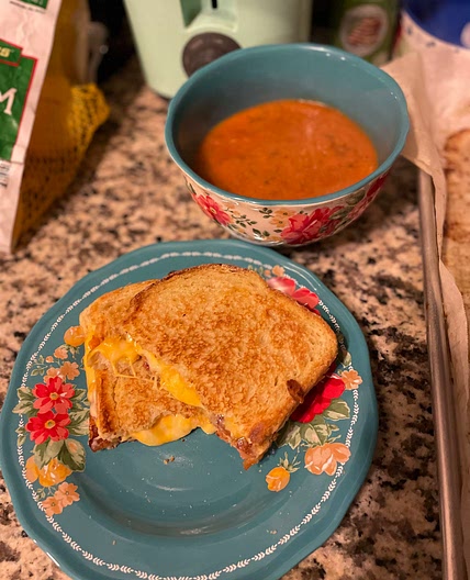 Roasted Garlic and Tomato Basil Soup with Three Cheese Bacon Gr