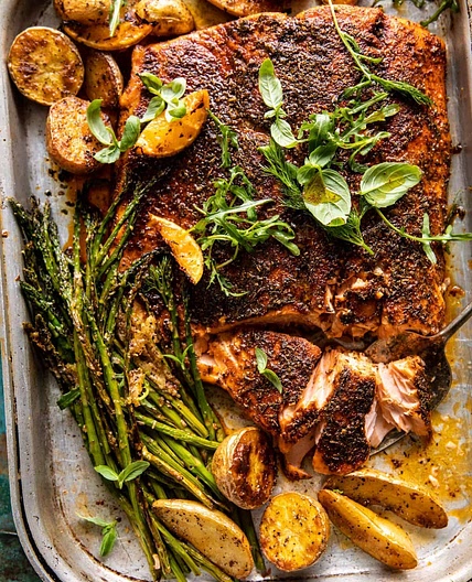 Sheet Pan Lemon Brown Butter Salmon and Potatoes with Parmesan Asparagus