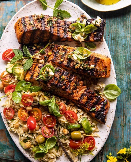 Greek Salmon with Lemon Feta and Orzo Summer Salad