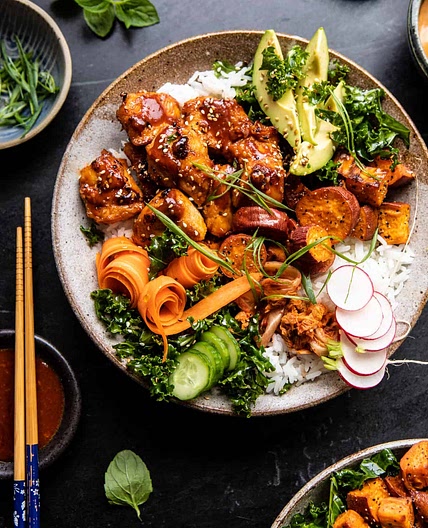Sheet Pan Korean Chicken Bowl with Sweet Potatoes and Yum Yum Sauce