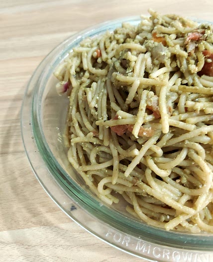 Crunchy Pesto Spaghetti with Feta & Tomatoes