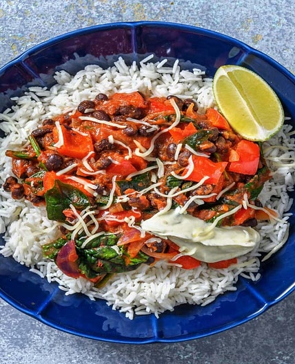 Speedy Veggie Beany Stew with Easy Rice, Cheese and Zesty Creme Fraiche
