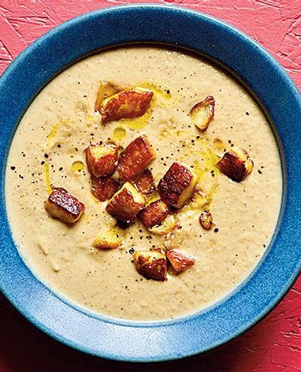 Roasted cauliflower soup with halloumi croutons recipe