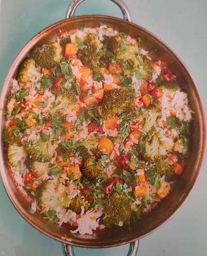 All in one sticky rice with broccoli, squash, chilli and ginger