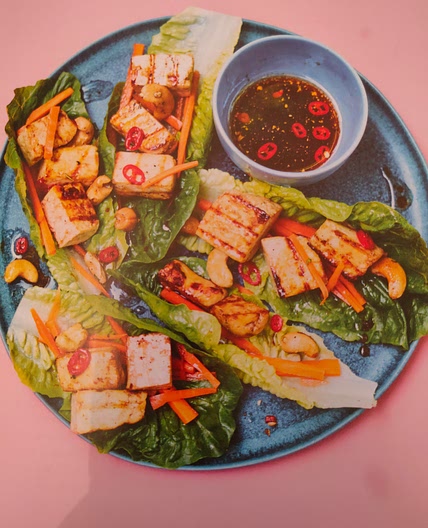 Crispy Barbecue Tofu Lettice Wraps with Cashews, Carrots & Nuoc Cham