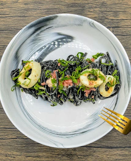 Squid Ink Pasta with Squid and Mentaiko