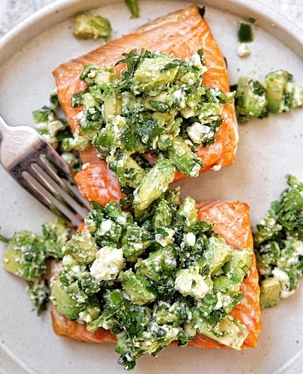 Salmon with Spicy Avocado Feta Salsa