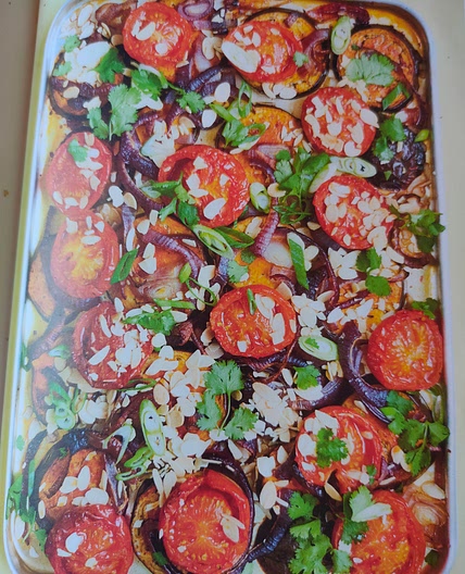 Aubergine with Tomatoes, Harissa and Almonds