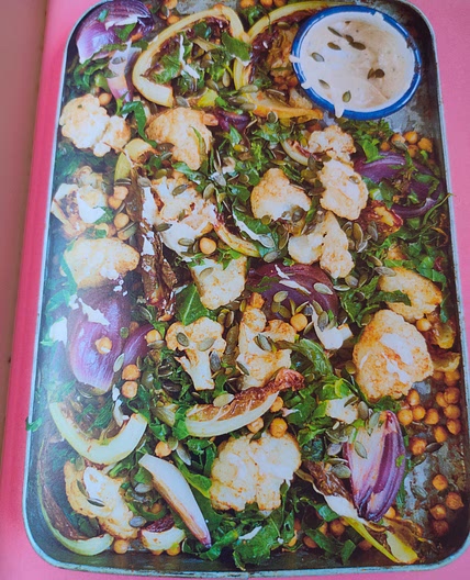 Roasted Cauliflower with Chickpeas, Spring Greens, Lemon and Tahini