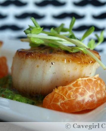 SousVide Scallops in Orange-Butter Sauce with Basil Pesto