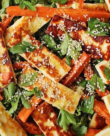 Maple Roasted Carrots with kale and haloumi