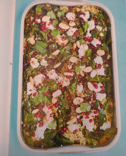 Crispy Kale and Bulghur Wheat Salad with Pomegranates, Preserved Lemon, Goat's Cheese and Almonds