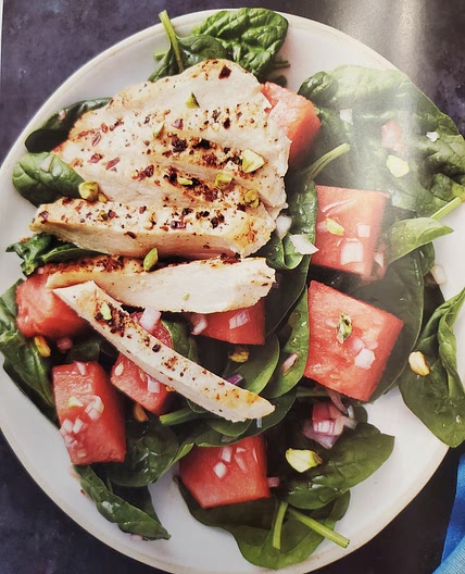 Spicy Seared Chicken with Watermelon- Spinach Salad