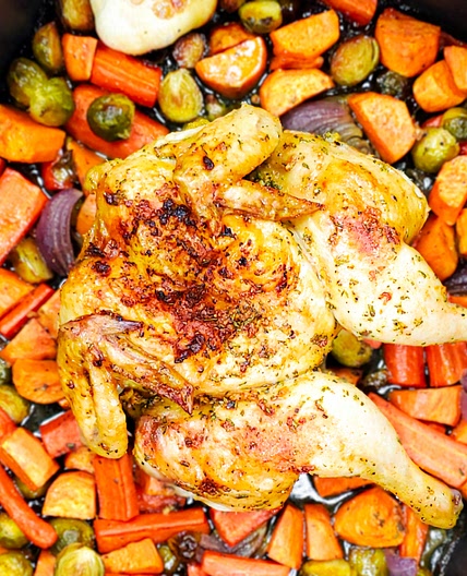 Roasted Butterflied Chicken with Rosemary-Garlic Butter and Root Vegetables