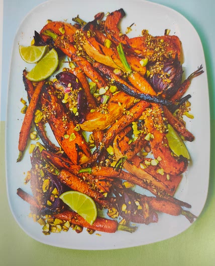 Squash with Charred Carrots, Red Onions, Coriander Seeds, Pistachios and Lime