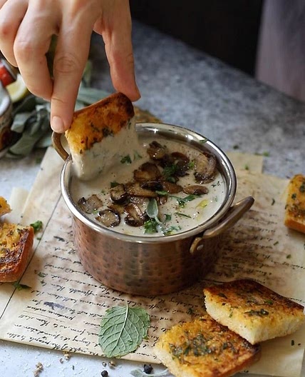 Creamy Mushroom Soup with Crispy Garlic Bread