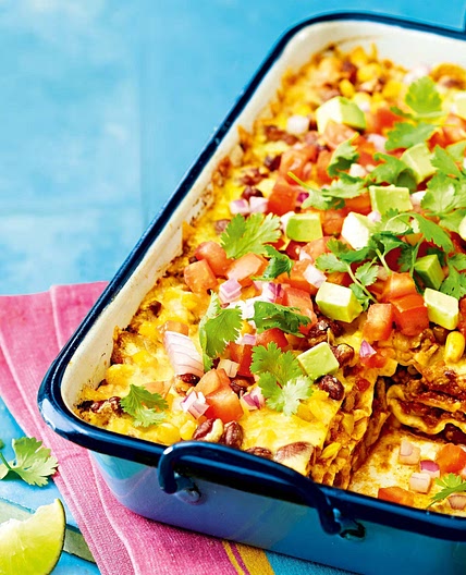 Layered beef enchilada bake