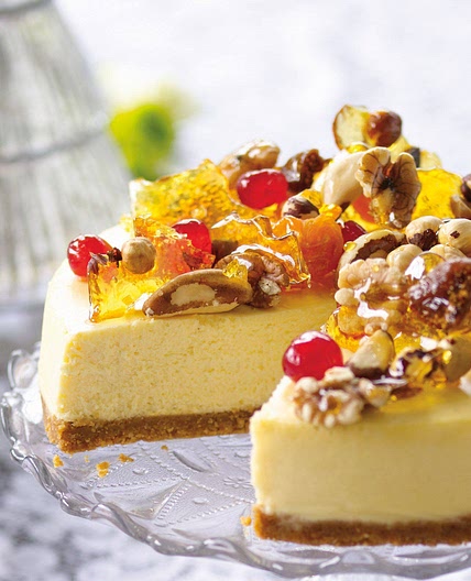 Eggnog cheesecake with stained-glass praline