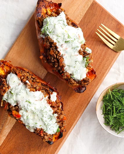 Greek Lentil Stuffed Baked Sweet Potatoes (vegan)