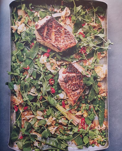 Ginger and Lemongrass Snapper with Mangetout and Peas
