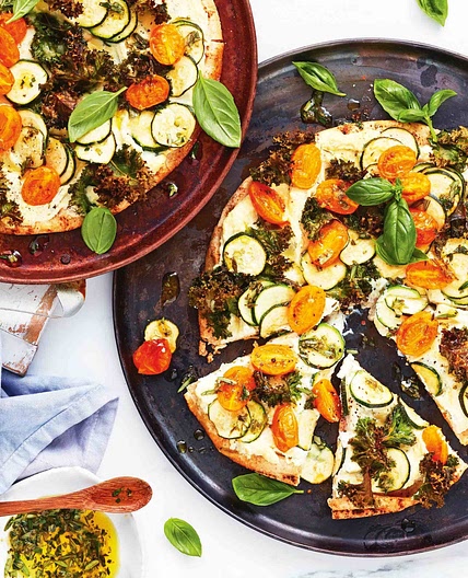 Speedy zucchini and ricotta pizza with crispy kale recipe