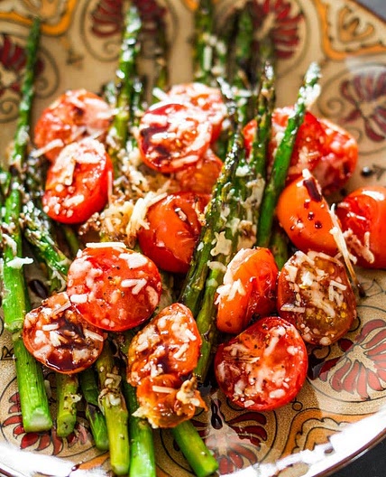 Balsamic Parmesan Roasted Asparagus and Tomatoes