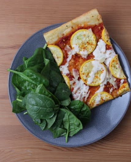 Zucchini & Parmesan Flatbread with Roasted Pepper Sauce & Spiced Labneh Drizzle