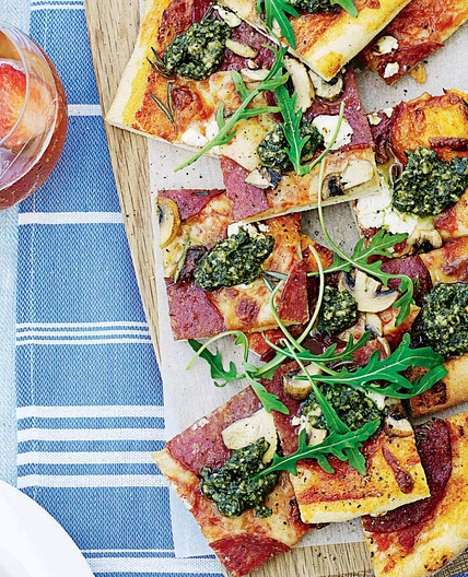 Salami and goat's cheese pizza