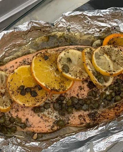 Poached Salmon in a tinfoil boat