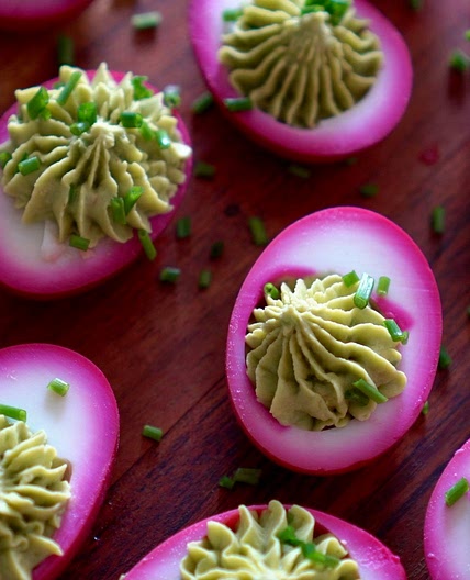 Beet Pickled Deviled Eggs with Avocado 