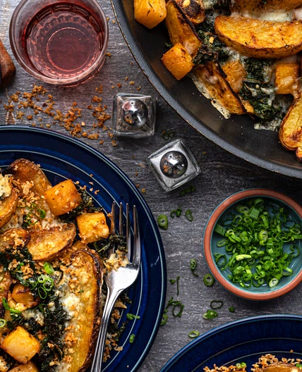 Smoky Cheddar-Topped Roasted Vegetable Skillet