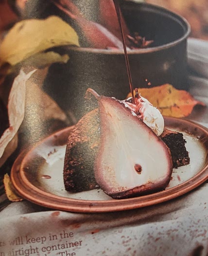 Fudge Chocolate Almond Cake with Red Wine Poached Pears
