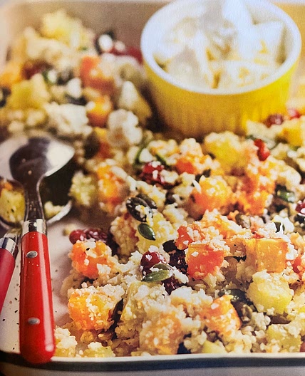 ROAST SWEET POTATO, PUMPKIN AND FETA CAULI-RICE TUMBLE SALAD