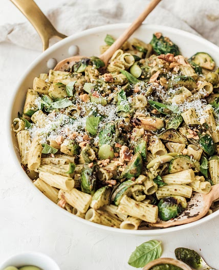 Rigatoni with Brussels Sprouts & Kale Pesto