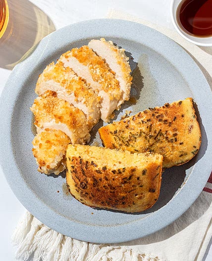 Crispy Panko-Crusted Chicken Breast with Bacon Chive Cornbread & Maple Drizzle