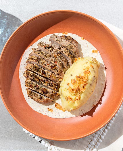 Herbed Pork Chop in Mustard Cream Sauce with Mashed Potatoes & Crispy Onions