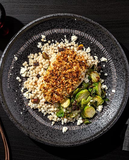Pistachio-Crusted Chicken Breast with Brussels Sprouts, Israeli Couscous & Lemon Sumac Vinaigrette