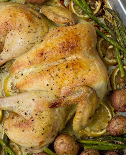 Spatchcock Chicken with Potatoes, Asparagus, and Lemon