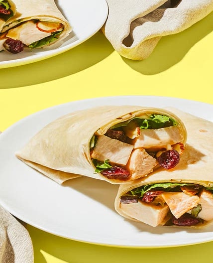 10 minute lunch Honey Mustard Chicken Salad Wrap with Almonds & Dried Cranberries