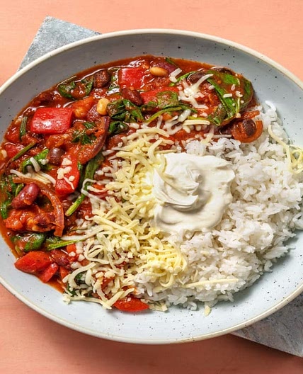 Speedy Veggie Beany Stew with Easy Rice, Cheese and Creme Fraiche