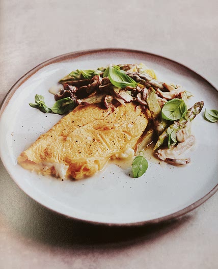 Mozzarella and Basil Omelette with Asparagus and Shiitake Mushrooms