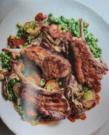 Lamb Chops with Smoked Chipotle Vinaigrette, Creamy Mashed Peas and Caramelised Potatoes