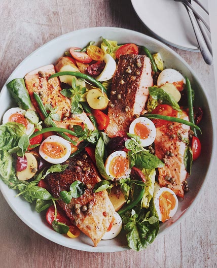 Grilled Salmon Nicoise with Brown Butter and Caper Dressing