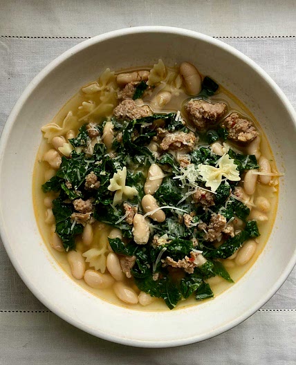 A one-pot meal you can throw together with what’s on hand: pasta, sausage and white beans
