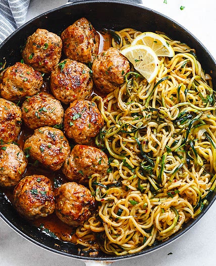 Garlic Butter Turkey Meatballs with Lemon Zucchini Noodles
