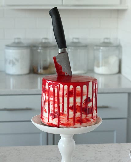 Halloween Bloody Knife Cake (Red Velvet Cake with Almond Cream Cheese Buttercream) - Baking with Blondie
